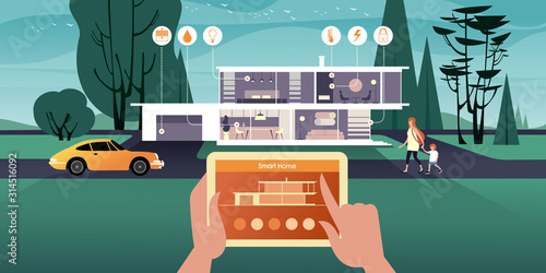 Smart Home technology makes life in the ranch house more comfortable and secure. Manage your IoT devices with your tablet over the network. Flat isometric vector illustration.