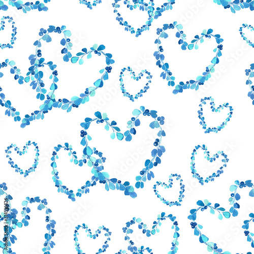 Romantic, watercolor seamless background. Blue hearts made of leaves are suitable for a love card.