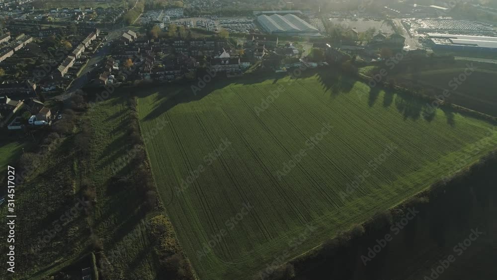 Aerial drone residential area with fields Aerial drone residential area with fields