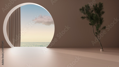 Imaginary fictional architecture, interior design of empty space with round arched window with curtain, concrete rosy walls, potted pine tree, sunrise sunset sea panorama with cloud