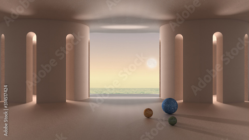 Imaginary fictional architecture, interior design of empty space with arched doors, colonnade and porch, baptistery, concrete rosy walls, marble balls, sunrise sunset sea panorama