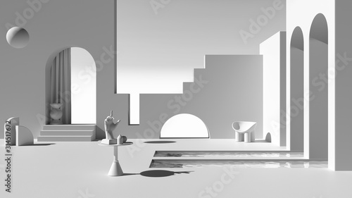 Total white project draft  imaginary fictional architecture  dreamlike empty space  design of exterior terrace  arched windows  pools  table with hand figurine  chair  decors
