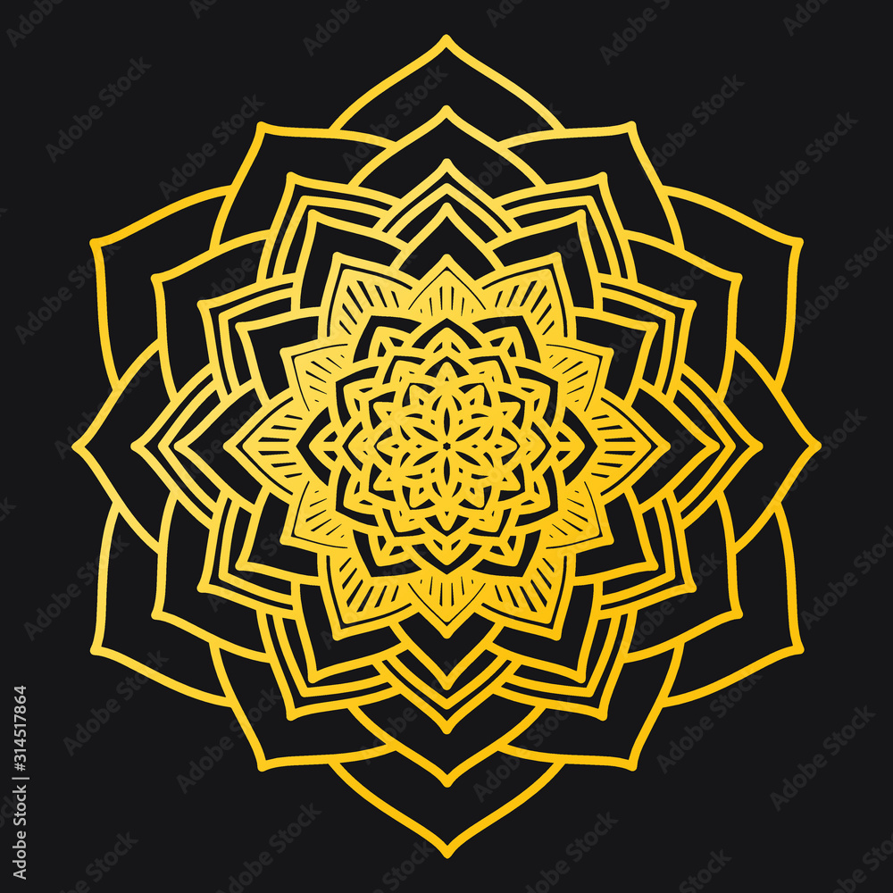 Abstract Petals Leaf Mandala Gold Line On Black Background. Vector Illustration Abstract Petals Leaf Mandala Gold Line On Black Background. Vector Illustration