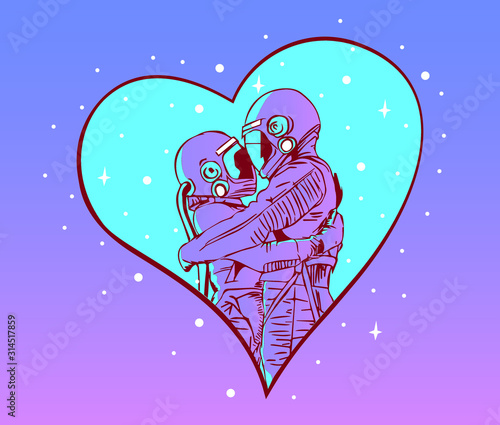 Love in space. A pair of astronauts in love man woman. Vector