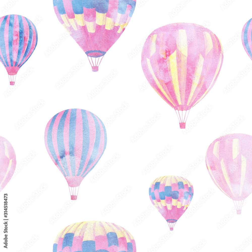 Seamless pattern of hand-drawn hot air balloons. Perfect template for wallpaper, children's interior design, fabrics, postcards, banners, posters.