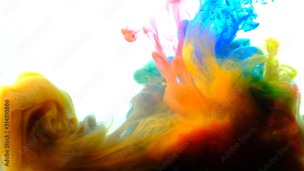 Color paint drops in water , abstract color mix , drop of Ink color mix paint falling on water Colorful ink in water, 