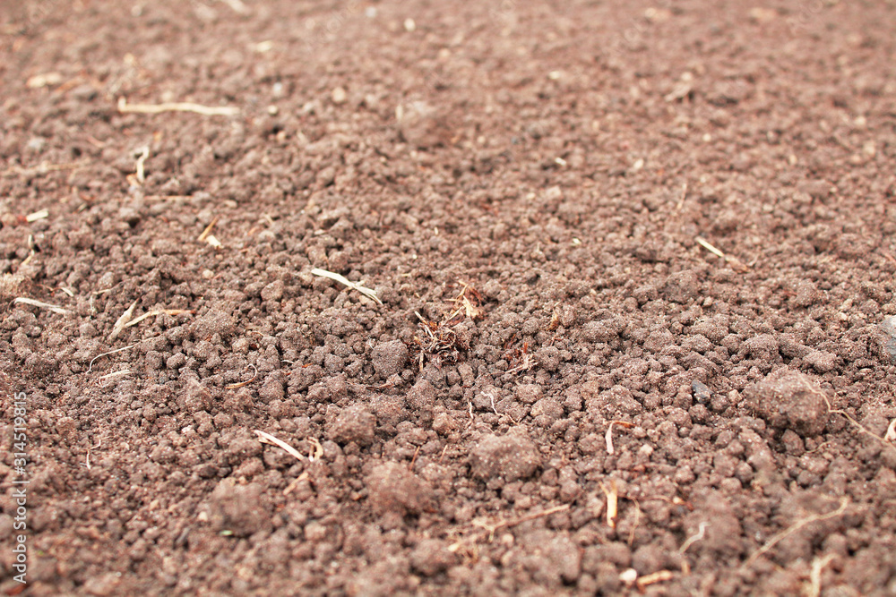 Loose dry soil in the garden. Close-up. Top view. Background. Texture. Loose dry soil in the garden. Close-up. Top view. Background. Texture.