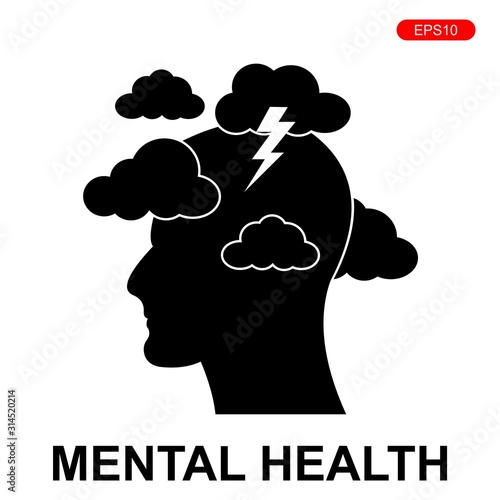 Head silhouette icon with clouds and lightning. Mental health concept illustration .depressive state of mind,anger, bad mood, OCD.vector illustration