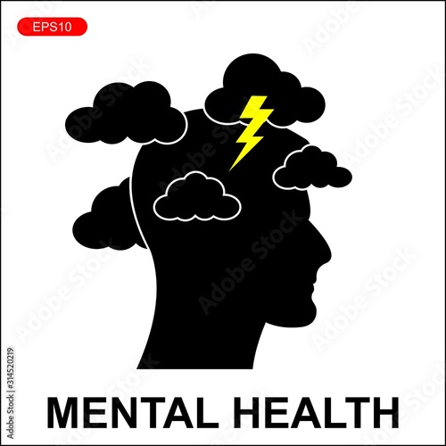 Head silhouette icon with clouds and lightning. Mental health concept illustration .depressive state of mind,anger, bad mood, OCD.vector illustration