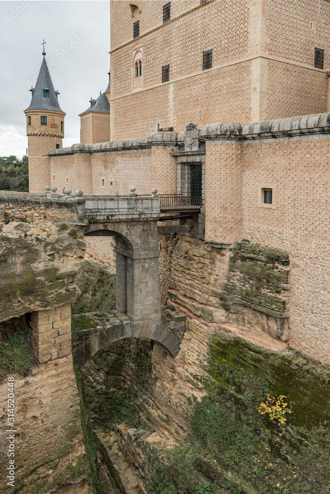 Upper view of the Alcazar of Segovia, Spain. Spanish Palace used as a fortress by several rulers