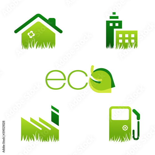 environmental icons with eco friendly house, office, industry and fuel station