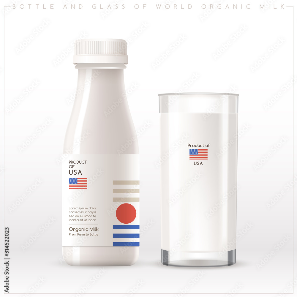Bottle and glass of world organic milk with geometrical pattern on the label isolated on white background : Vector Illustration Bottle and glass of world organic milk with geometrical pattern on the label isolated on white background : Vector Illustration