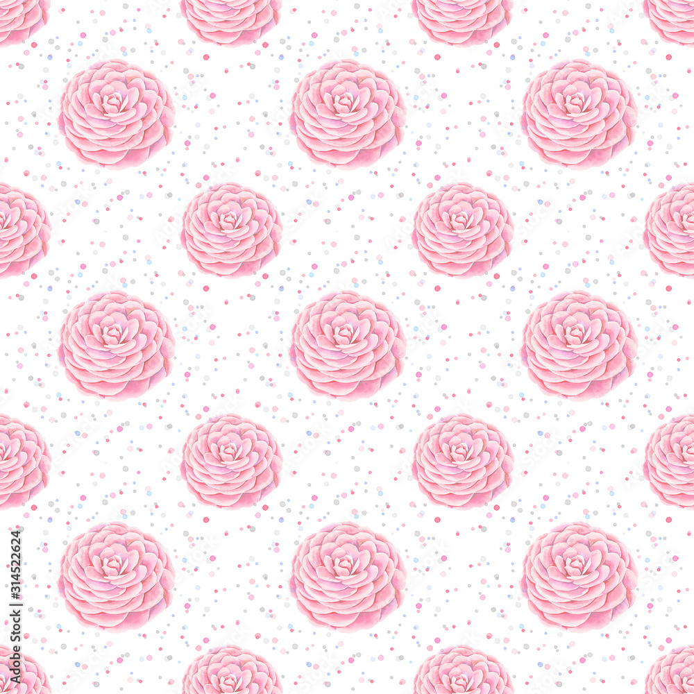 Watercolor seamless pattern with pink camellia flowers, drops and green leaves on a white background. Watercolor seamless pattern with pink camellia flowers, drops and green leaves on a white background.