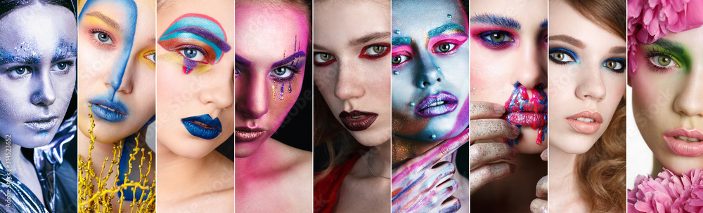 Collage Faces of Women With Fashion Creative Makeup. Art Make up. Beauty Model make-up. Girl Bright Color Makeup. Face Art - obrazy, fototapety, plakaty 