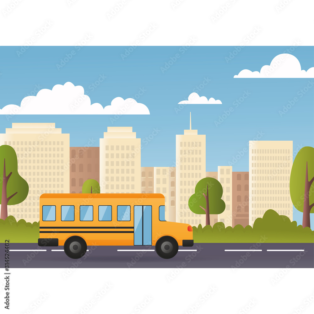 Yellow school bus. Cute cartoon school bus. Modern city on background. Back to school concept. Vector illustration