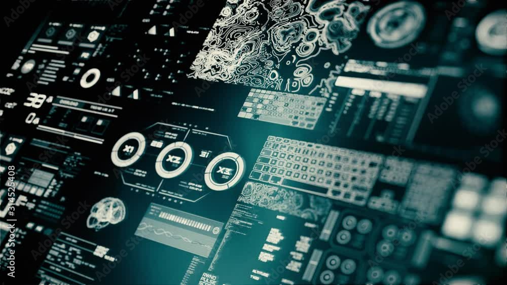 Perspective view of lowpower Futuristic interface/Digital screen.Detailed abstract background with blinking and switching indicators and statuses showing work of command center, processing big data, m