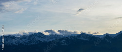 High mountains under snow in the winter. Panorama