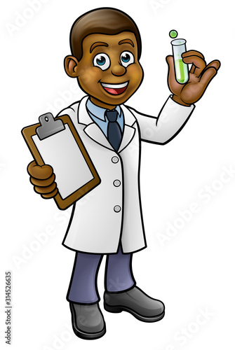 A cartoon scientist professor wearing lab white coat holding a test tube and clipboard