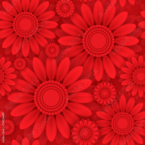Square 8 March seamless pattern. Template with flat red flowers isolated on dark red background. Paper art style.