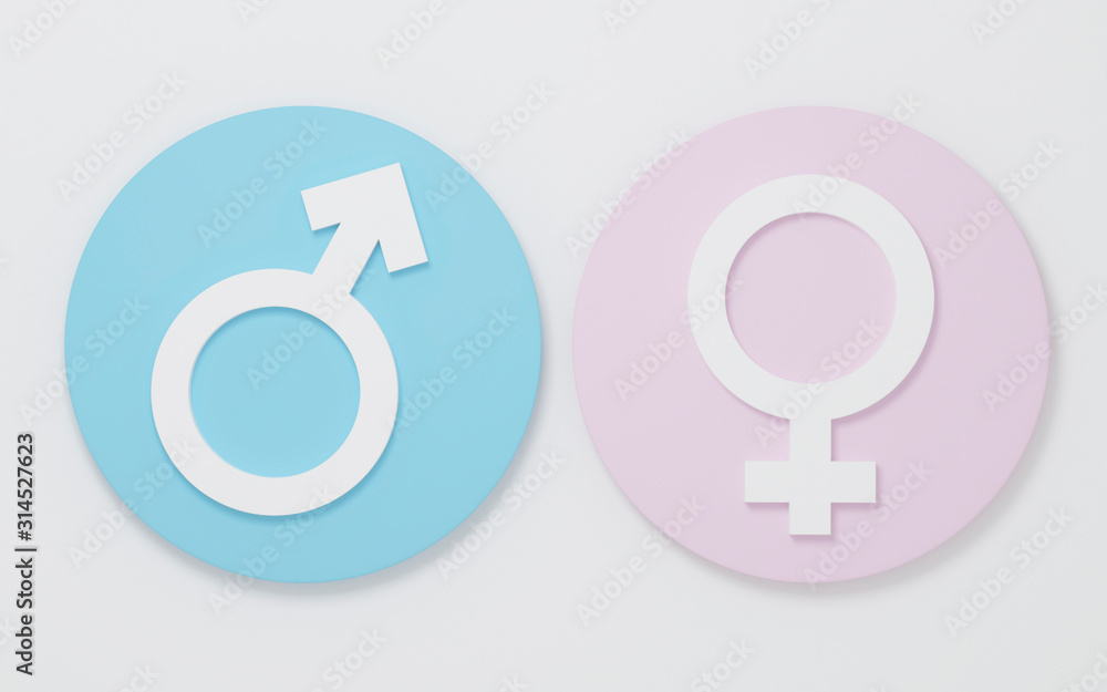 Gender. Male and Female 3d symbol sign, Man and Woman white icon on blue & pink pastel circle for graphic and web design & minimal love idea creative concept. 3d illustration Gender. Male and Female 3d symbol sign, Man and Woman white icon on blue & pink pastel circle for graphic and web design & minimal love idea creative concept. 3d illustration