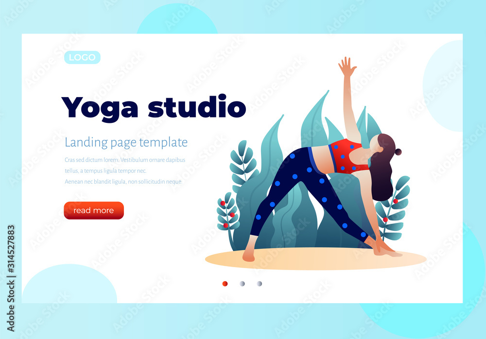 Web page template of Yoga Studio. Modern flat design concept of web page design for website and mobile website. Woman does yoga exercise, yoga pose. Vector illustration. Character design