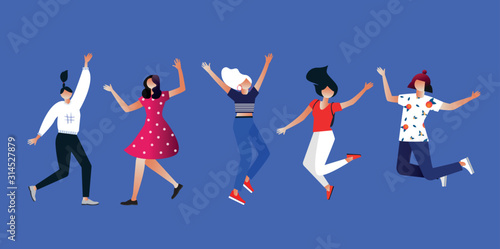 Group of young stylish joyful girls jumping with raised hands. Happy positive young women rejoicing together. flat cartoon style. Vector illustration. Characters design. 