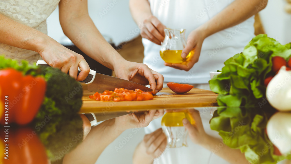 Closeup of human hands cooking in kitchen. Mother and daughter or two female friends cutting vegetables for fresh salad. Friendship, family dinner and lifestyle concepts Closeup of human hands cooking in kitchen. Mother and daughter or two female friends cutting vegetables for fresh salad. Friendship, family dinner and lifestyle concepts