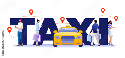 Taxi Service Concept. Driver in Yellow Cab Waiting Passengers and Delivering People to Destination. Mobile App to Call Car with Driver Poster, Banner, Flyer, Brochure. Cartoon Flat Vector Illustration