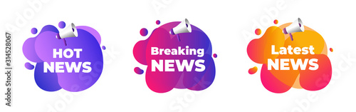 Hot Latest News Daily Update Badge Template Set. Important Breaking Report Label Geometric Design. Online Magazine Typography Message Information Sticker Sign Flat Vector Illustration