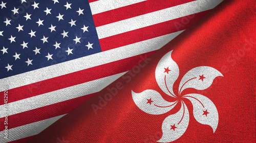 Fototapeta Naklejka Na Ścianę i Meble -  United States and Hong Kong two flags textile cloth, fabric texture