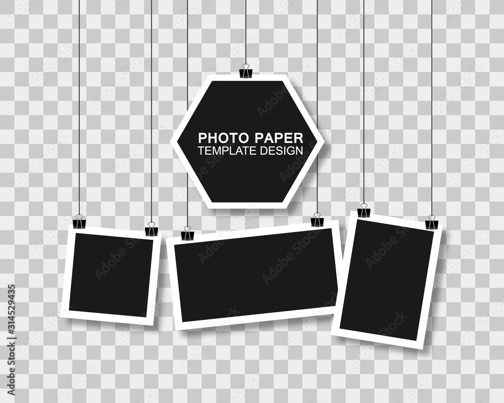 Hanging photo frames. Black empty place for your text or photo. Vertical and horizontal photo design  - obrazy, fototapety, plakaty 