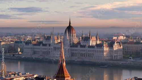The building of the Budapest Parliament against the backdrop of a beautiful dawn sky. Dawn over Budapest