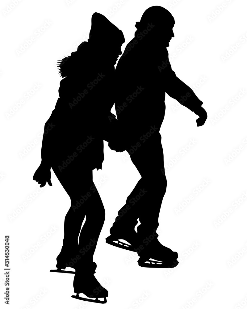 Couples and ice skate. Isolated silhouettes of people on a white background