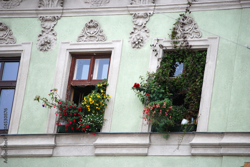 Fenster mit üppigem Blumenschmuck.