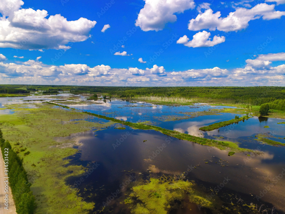 Summer landscape on the expanses of Russia over the lake from a bird's eye view.