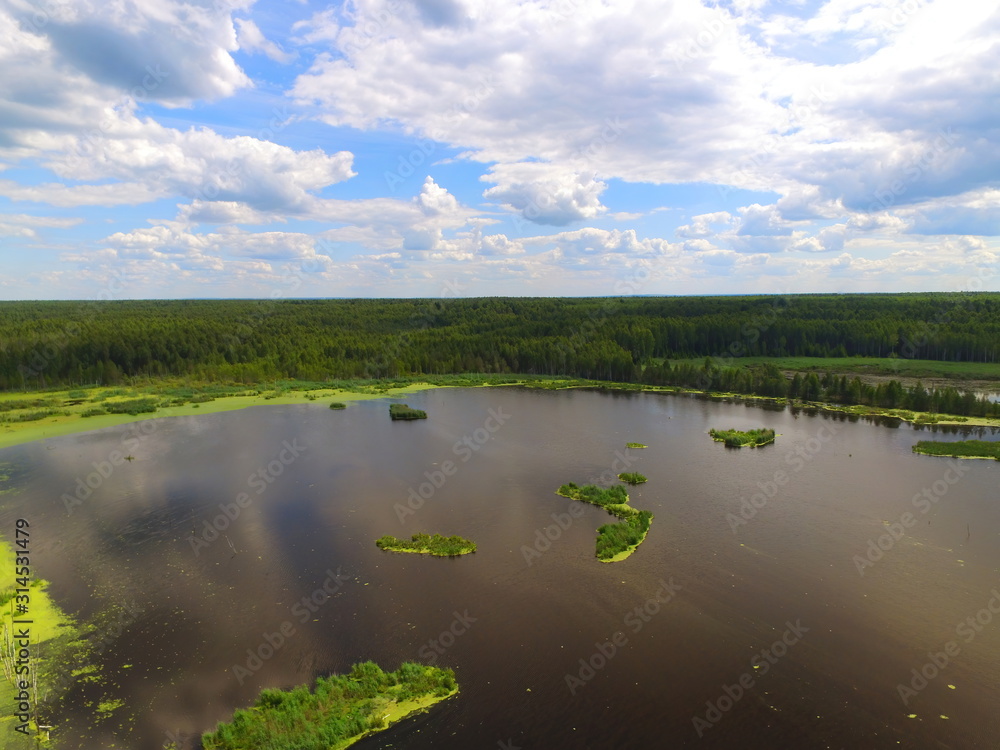 Summer landscape with blue sky over the lake from a bird's eye view.