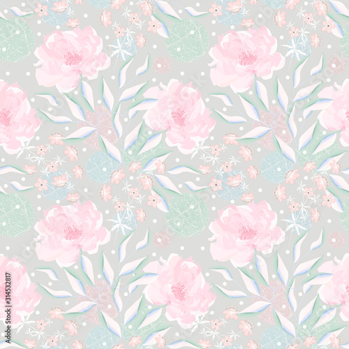 Seamless abstract pattern. Peonies and small flowers, polka dots and grunge elements in soft pink and gray.