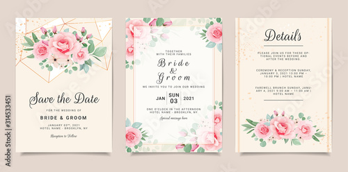 Set of card with flowers border. Invitation template set with floral decoration. Roses and leaves botanic illustration for wedding card, background, save the date, greeting, poster, cover vector