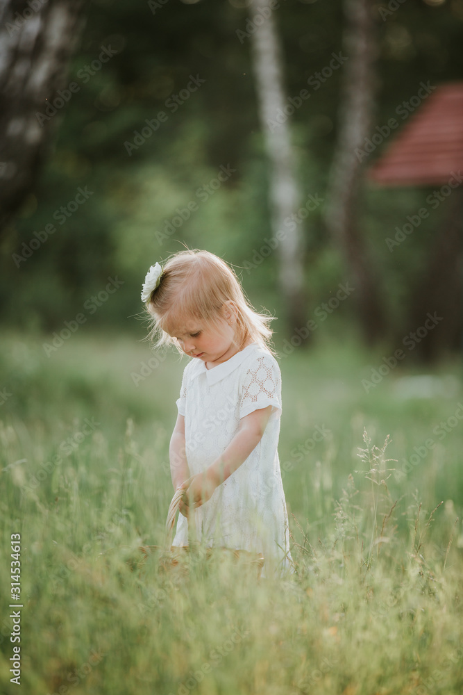little cute girl with basket in white dress have fun in the park little cute girl with basket in white dress have fun in the park