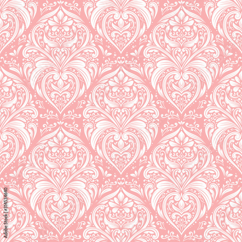 Pink and white damask seamless pattern. Vintage, paisley elements. Traditional, Turkish motifs. Great for fabric and textile, wallpaper, packaging or any desired idea.