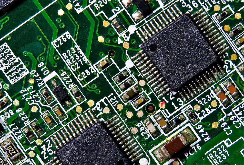Electonics board with components in close up Electonics board with components in close up