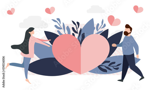  A simple, flat illustration of a postcard for Valentine's Day. Tiny people, the concept of love