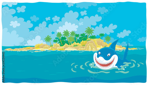 Funny great white shark insidiously smiling and swimming in blue water of a tropical sea near a beautiful palm island, vector cartoon illustration