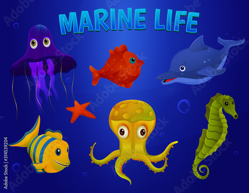 Set of cartoon marine inhabitants of the underwater world. Jellyfish, fish, octopus, seahorse, dolphin, and starfish.