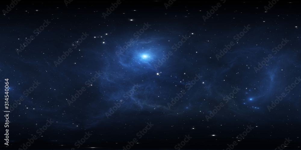 360 degree space background with blue nebula and stars, equirectangular projection, environment map. HDRI spherical panorama.
