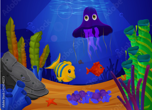 Cartoon underwater world, with marine life