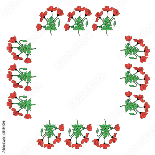 Square frame with colored poppies, poppy Bud and leaf. Isolated wreath of red flowers on white background for your design