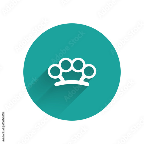 White Brass knuckles icon isolated with long shadow. Green circle button. Vector Illustration