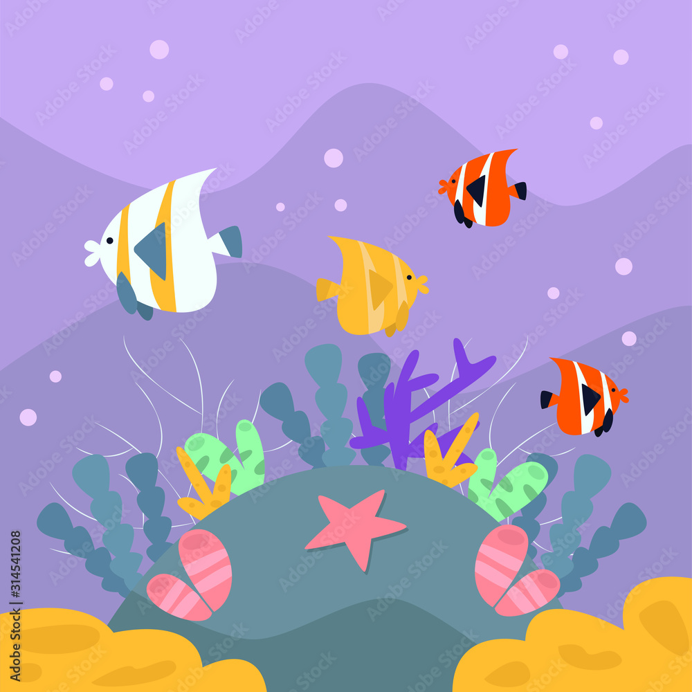 underwater background with fish and coral. flat design illustration