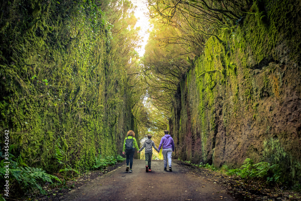 Mother with two sons walks in a beautiful natural setting of the Anaga Park, Tenerife Canary Islands Spain. Tourists walking on the path between two rock walls with wild vegetation, mosses and ferns.